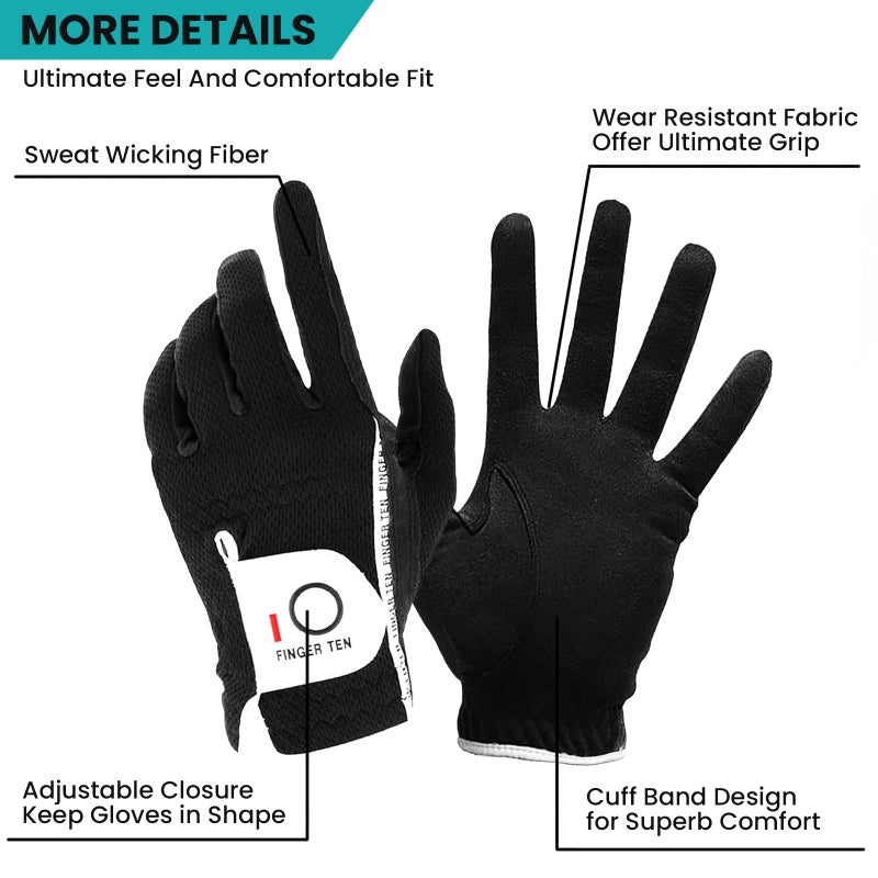 FINGER TEN Menâ€™s Golf Glove Left Hand Rain Grip Pack, Durable Fit for Hot Wet All Weather (Black, Small) - Image 3