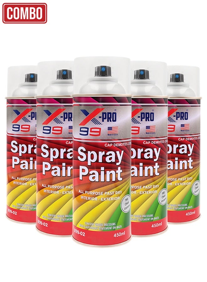 Xpro X-PRO Combo - 5pcs X-PRO 99 Clear Gloss Spray Paint 450ml Multi-Surface Lacquer for Metal, Wood, Plastic & Furniture Fast Dry Interior and Exterior Use - X99-02 - Image 1