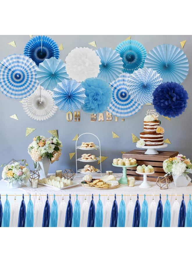 Mordely Blue Party Decorations Hanging Paper Fans Pom Poms Flowers Tissue Tassel Garland for Elephant Shark Theme Kids Birthday Baby Shower Graduation - Image 3