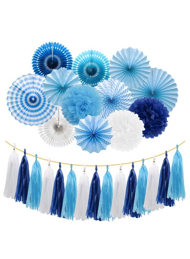 Mordely Blue Party Decorations Hanging Paper Fans Pom Poms Flowers Tissue Tassel Garland for Elephant Shark Theme Kids Birthday Baby Shower Graduation - Image 1