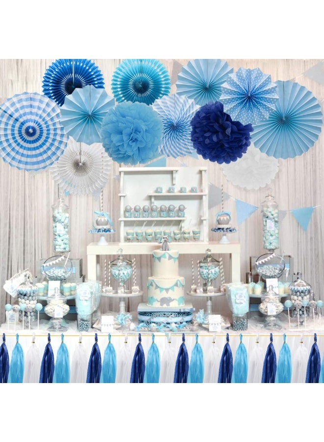 Mordely Blue Party Decorations Hanging Paper Fans Pom Poms Flowers Tissue Tassel Garland for Elephant Shark Theme Kids Birthday Baby Shower Graduation - Image 5
