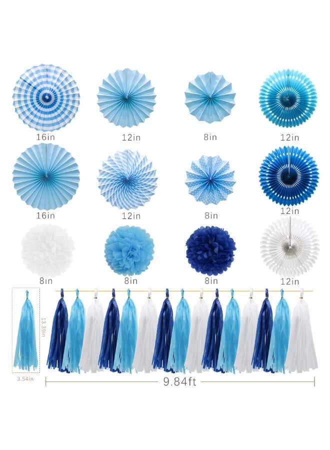 Mordely Blue Party Decorations Hanging Paper Fans Pom Poms Flowers Tissue Tassel Garland for Elephant Shark Theme Kids Birthday Baby Shower Graduation - Image 2