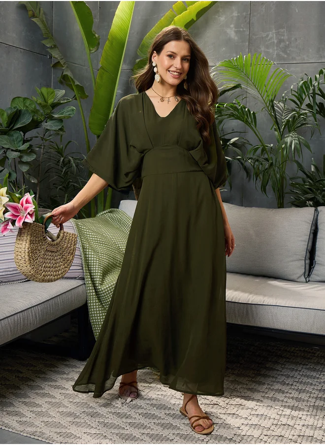 ساسافراس Solid V-Neck Kimono Sleeve Maxi Dress