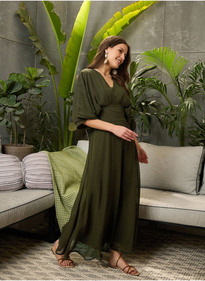 SASSAFRAS Solid V-Neck Kimono Sleeve Maxi Dress  - Image 3
