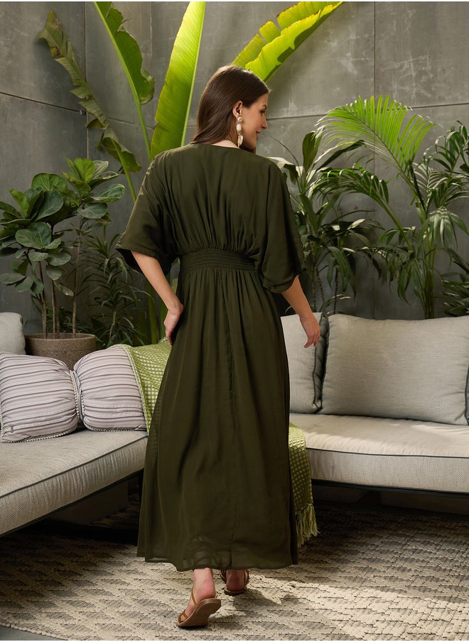 SASSAFRAS Solid V-Neck Kimono Sleeve Maxi Dress  - Image 5