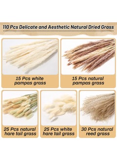 Generic 110 Pcs Dried Pampas Grass Dried Flowers Of Small Reeds Boho Natural Flowers Arrangements White Reed Bunny Tails for Home Decor Flower Living Room Balcony Wedding Party 