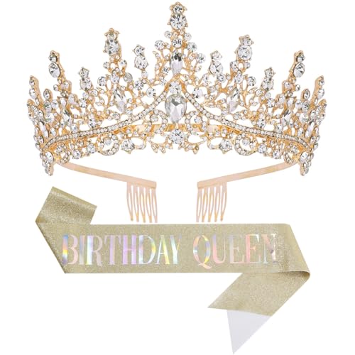 Papoopy Birthday Tiara Crown with Sash for Women, Headband Hair Accessories for Wedding Party Costume Gold - Image 1