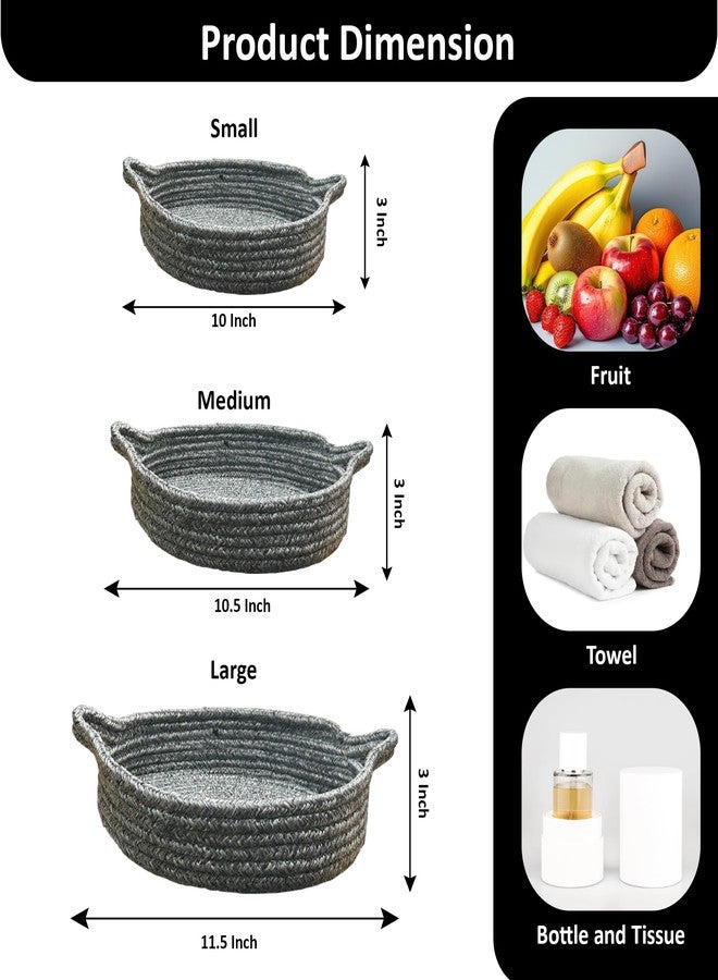 Ariya Handcrafted Round Storage Basket (4096 | Dark Gray | Pack of 3) Durable PP & Cotton Blend Multipurpose Organizer for Clothes, Toys & Home Decor, Lightweight Eco-Friendly Rope Basket - Image 3