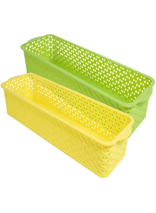 MORVI Storex Multi-Purpose Plastic Storage Basket|Durable Stackable Organizer Tokri For Home,Kitchen,Bathroom & Office| Drawer Tray,Cutlery,Cosmetics,Stationery|Set Of 2|Green Yellow - Image 1