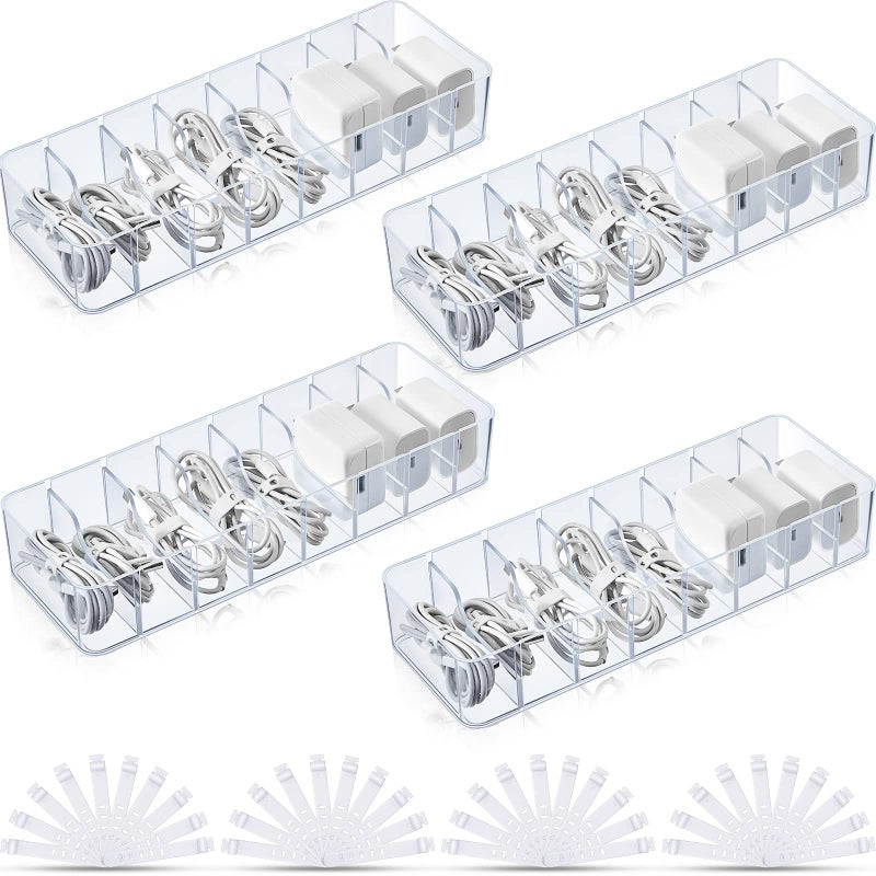Tatuo 4 Pcs Cable Organizer with 40 Wire Ties Plastic Cord Storage Charger Box Electronics Organizer with Adjustment Compartments Cable Storage for Drawer Home Office Desk Accessories Clear - Image 2