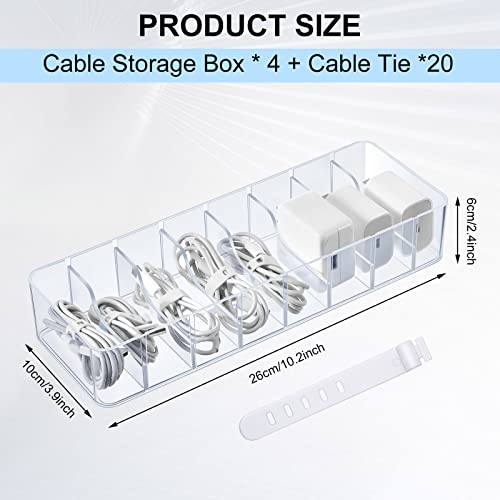 Tatuo 4 Pcs Cable Organizer with 40 Wire Ties Plastic Cord Storage Charger Box Electronics Organizer with Adjustment Compartments Cable Storage for Drawer Home Office Desk Accessories Clear - Image 3