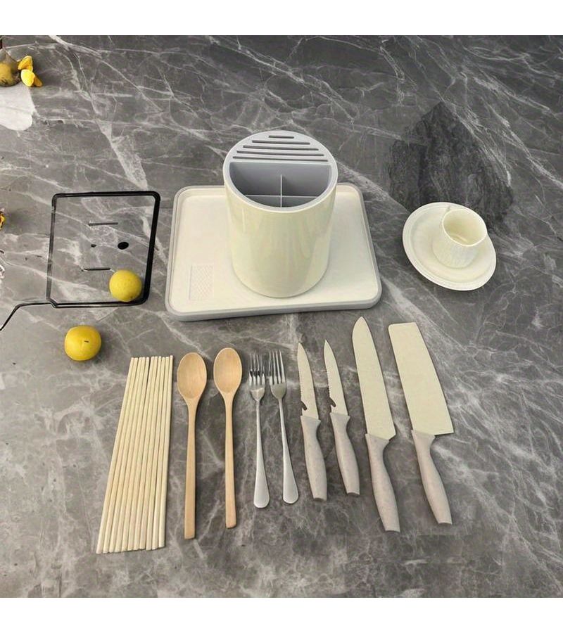Cream Yellow Rotatable Knife Holder Chopstick Storage Tube Multi-functional Integrated Storage Rack For Spoons And Knives - Image 4