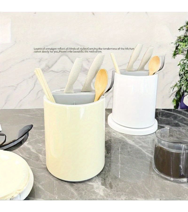 Cream Yellow Rotatable Knife Holder Chopstick Storage Tube Multi-functional Integrated Storage Rack For Spoons And Knives - Image 3