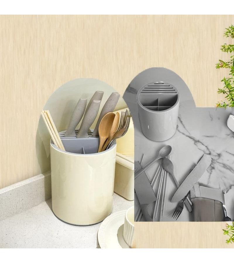 Cream Yellow Rotatable Knife Holder Chopstick Storage Tube Multi-functional Integrated Storage Rack For Spoons And Knives - Image 5
