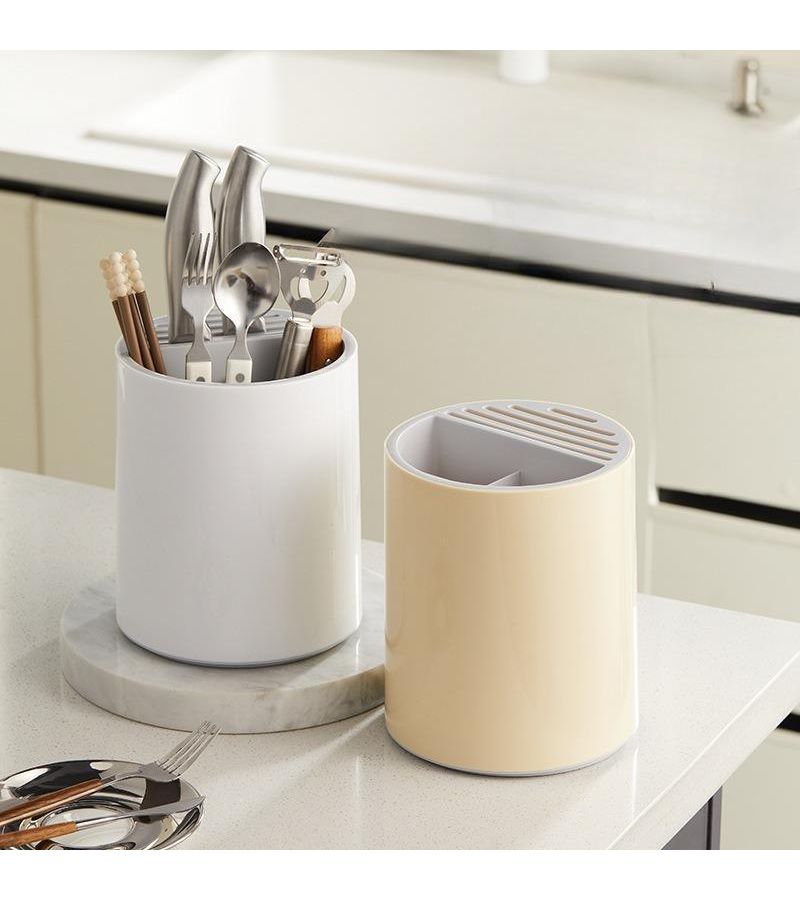 Cream Yellow Rotatable Knife Holder Chopstick Storage Tube Multi-functional Integrated Storage Rack For Spoons And Knives - Image 1