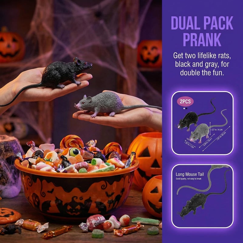 jarbins Fake Rat 2pcs Halloween Toys Fake Mouse Prank Toy Realistic Spooky Rat Prank Toy Creepy Plastic Rat Joke Toys for Halloween Party Favors - Image 3