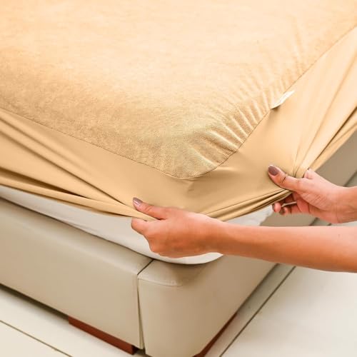 BABYLEE Mattress Protector King Size 78x72 Ultra Soft Breathable & Fitted Bed Protector Terry Cover Double Bed (6.5x6 feet, Fits 10 Inches, Beige) - Image 1