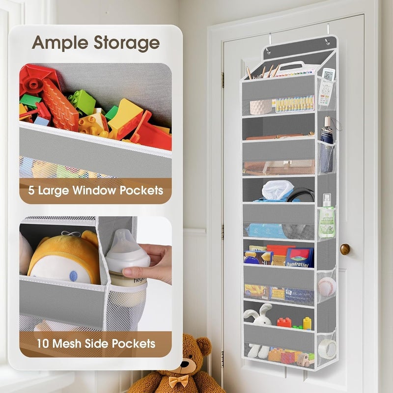 Over The Door Organizer - 5-Tier Hanging Storage with Clear Window, 40lb Capacity, Grey - Image 5