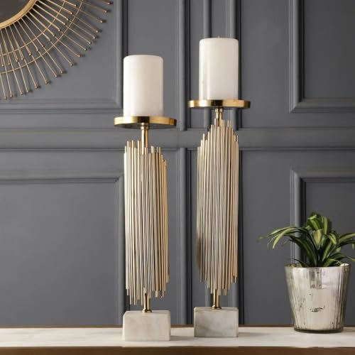 ZOVE Luxury Gold Metal Candle Holder Stand Set with Steel and Aluminium Base – Modern Pillar Candle Stand for Home Decor, Living Room & Dining Table (Set of 2) - Image 1