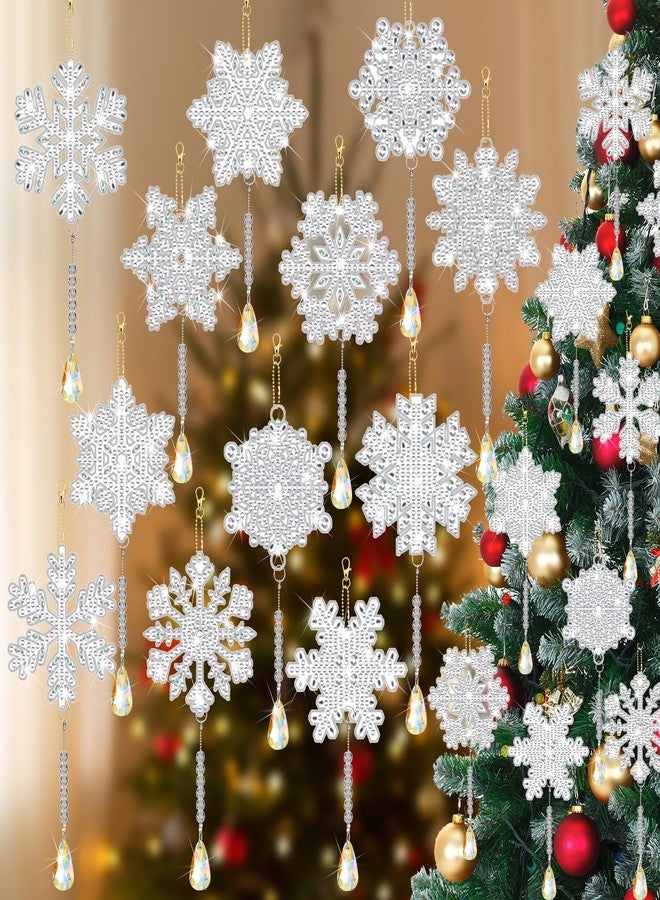 Poen 12 Pcs Christmas Diamond Art Ornaments Winter Snowflake Christmas Suncatchers Wind Chimes Holiday 5d DIY Diamond Tags Hanging Keychains Kits Pendant Ornaments DIY for Craft(White) - Image 1