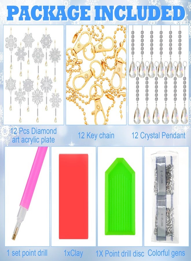 Poen 12 Pcs Christmas Diamond Art Ornaments Winter Snowflake Christmas Suncatchers Wind Chimes Holiday 5d DIY Diamond Tags Hanging Keychains Kits Pendant Ornaments DIY for Craft(White) - Image 3
