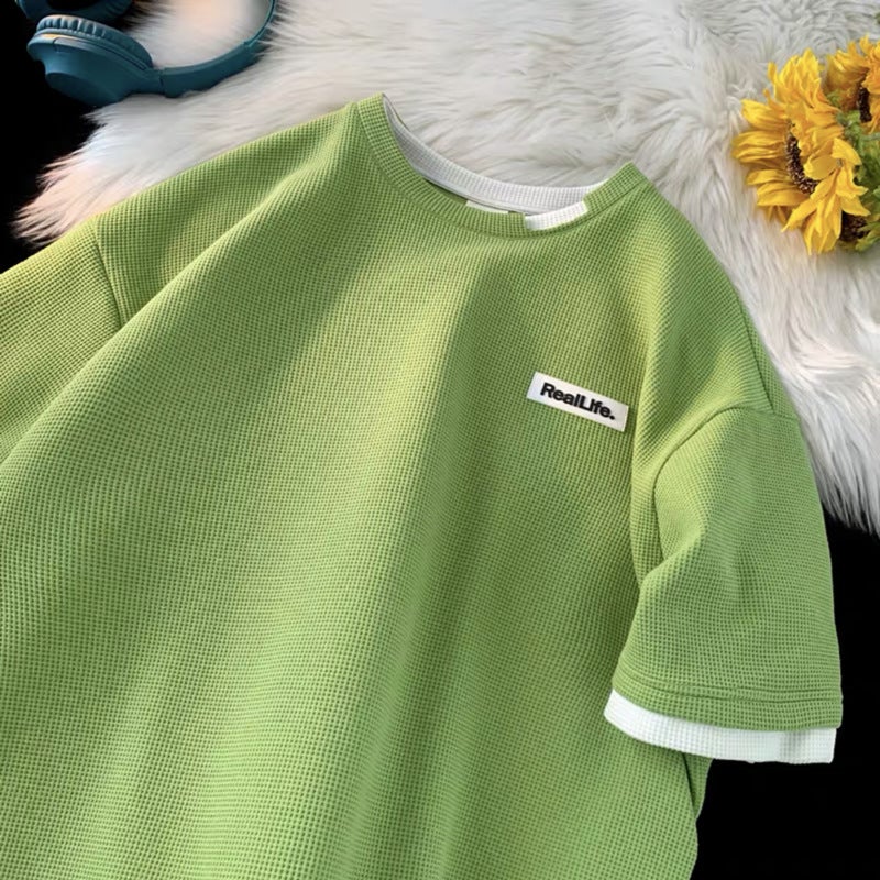 Waffle Short-sleeved Men's Design Sense Fake Two-piece T-shirt Fashionable Brand ins Top Summer oversize All-match Half-sleeve - Image 1