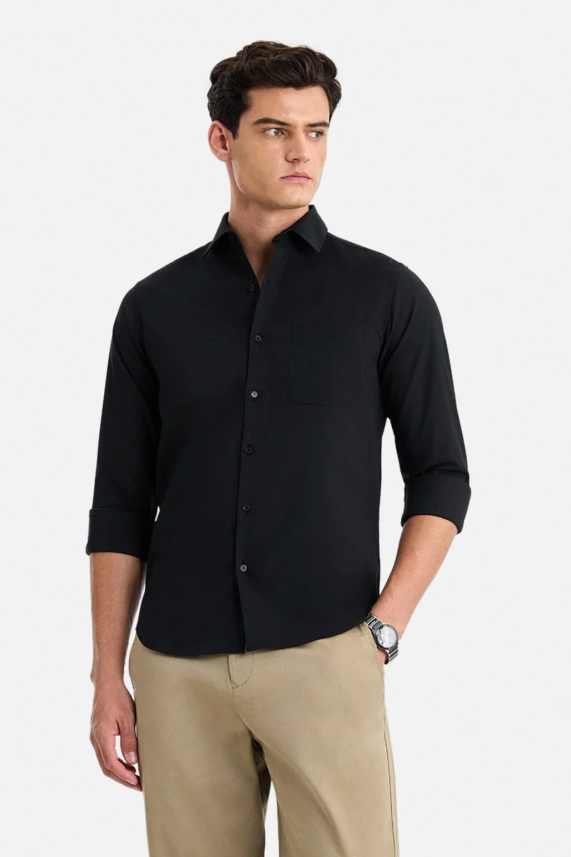 SNITCH Black Solid Long Sleeve Slim Fit Shirt