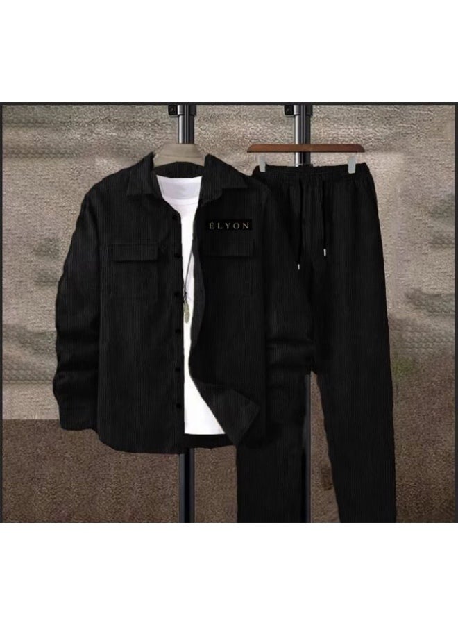 Men's 3-Piece Corduroy Set – Black Ribbed Overshirt, White T-Shirt & Drawstring Trousers | Complete Matching Outfit | Casual Streetwear for Men