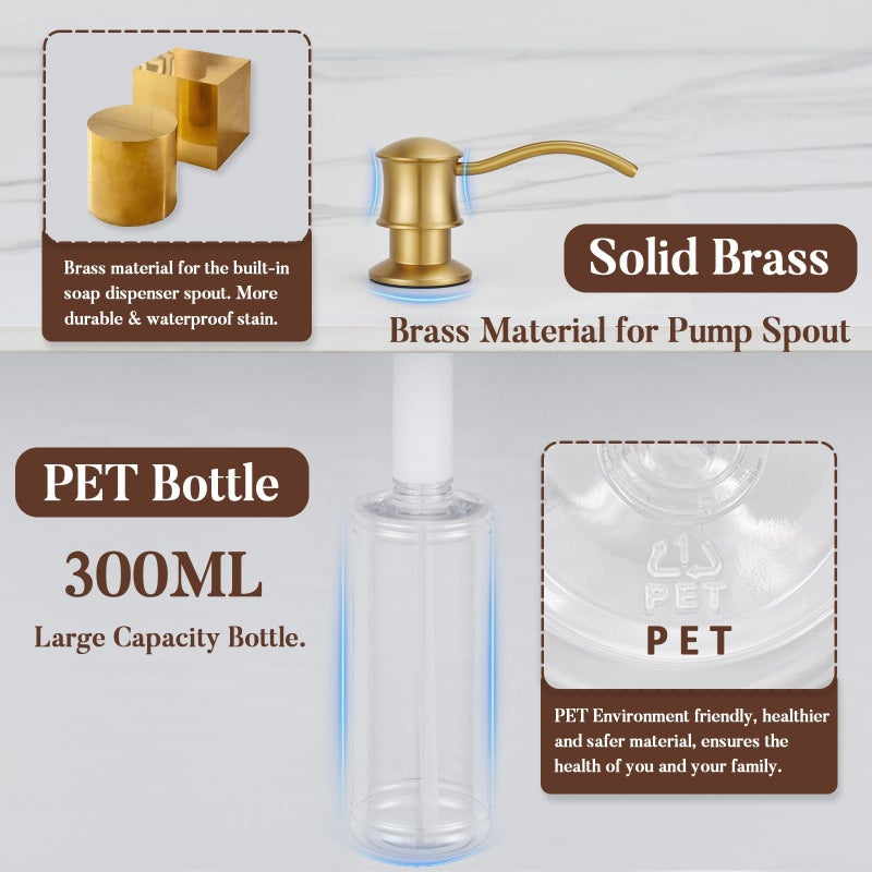 WINKEAR Built in Soap Dispenser for Kitchen Sink Countertop, Solid Brass Pump Head Long Spout with 10.2 Ounce PET Food Safe Material Lotion Bottle, Brushed Gold Finish - Image 4