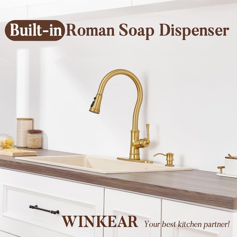 WINKEAR Built in Soap Dispenser for Kitchen Sink Countertop, Solid Brass Pump Head Long Spout with 10.2 Ounce PET Food Safe Material Lotion Bottle, Brushed Gold Finish - Image 2