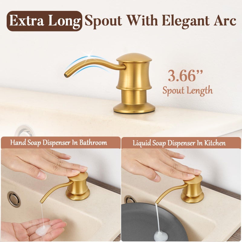 WINKEAR Built in Soap Dispenser for Kitchen Sink Countertop, Solid Brass Pump Head Long Spout with 10.2 Ounce PET Food Safe Material Lotion Bottle, Brushed Gold Finish - Image 3