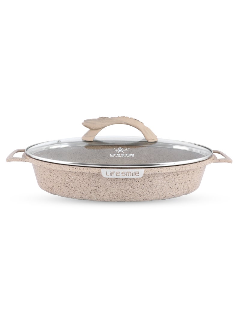 Life Smile 42cm (5.4L) Nonstick Fry Pan-Shallow Fish Frying Pan With lid , Granite Coating Non Stick Oval Frying pan - Fish Pan, 100% PFOA FREE Cookware, Oven Safe Nonstick Pan - Image 1