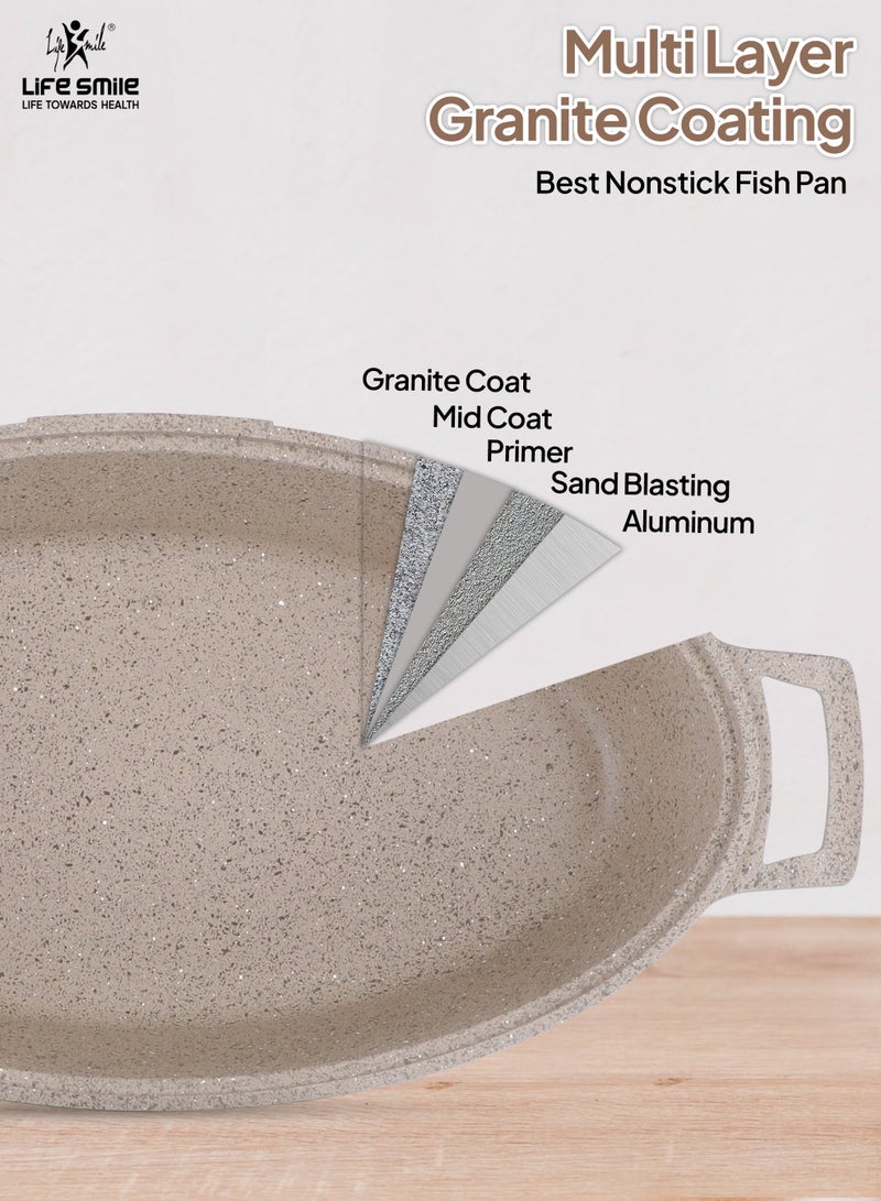 Life Smile 42cm (5.4L) Nonstick Fry Pan-Shallow Fish Frying Pan With lid , Granite Coating Non Stick Oval Frying pan - Fish Pan, 100% PFOA FREE Cookware, Oven Safe Nonstick Pan - Image 4