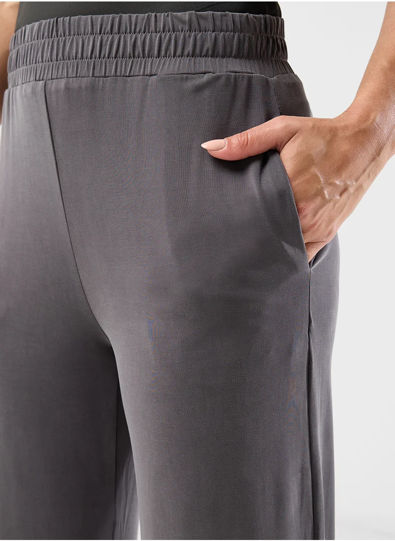 FRWD Ruched Waist Straight Fit Jersey Pant With Slit