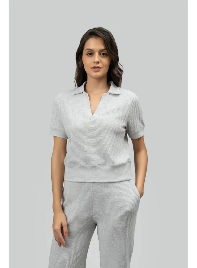 NeceSera Grey Ottoman Rib Polo Top