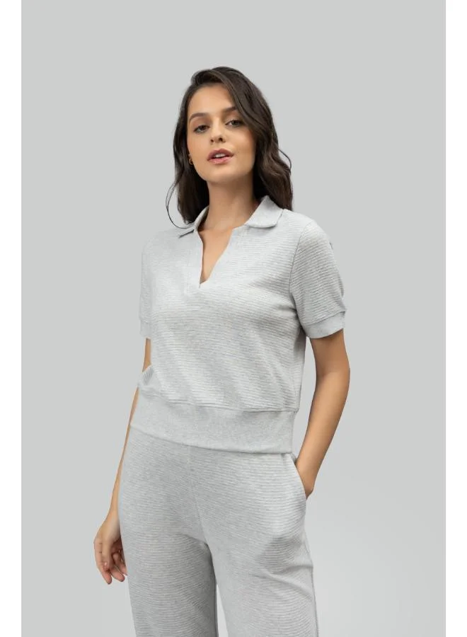 NeceSera Grey Ottoman Rib Polo Top