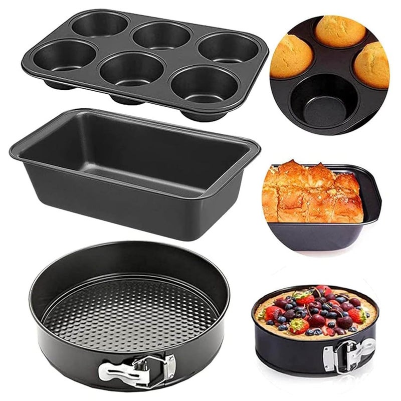 PureBake مجموعة أدوات خبز الكعك آمنة للاستخدام في الميكروويف 3 قطع مجموعة من قالب الكعك الدائري، صينية الخبز، قوالب الخبز، صينية المافن، ملحقات فرن الميكروويف، آمنة في غسالة الصحون - فولاذ كربوني - أسود - Image 1