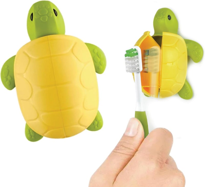 Flipper Hygienic Kids Toothbrush Holder with Suction Cups, High Quality & Patented Design, One Touch Open & Close, For Home or Travel, Made in Malaysia, Fun Animal Turtle, 3Y+ - Image 1