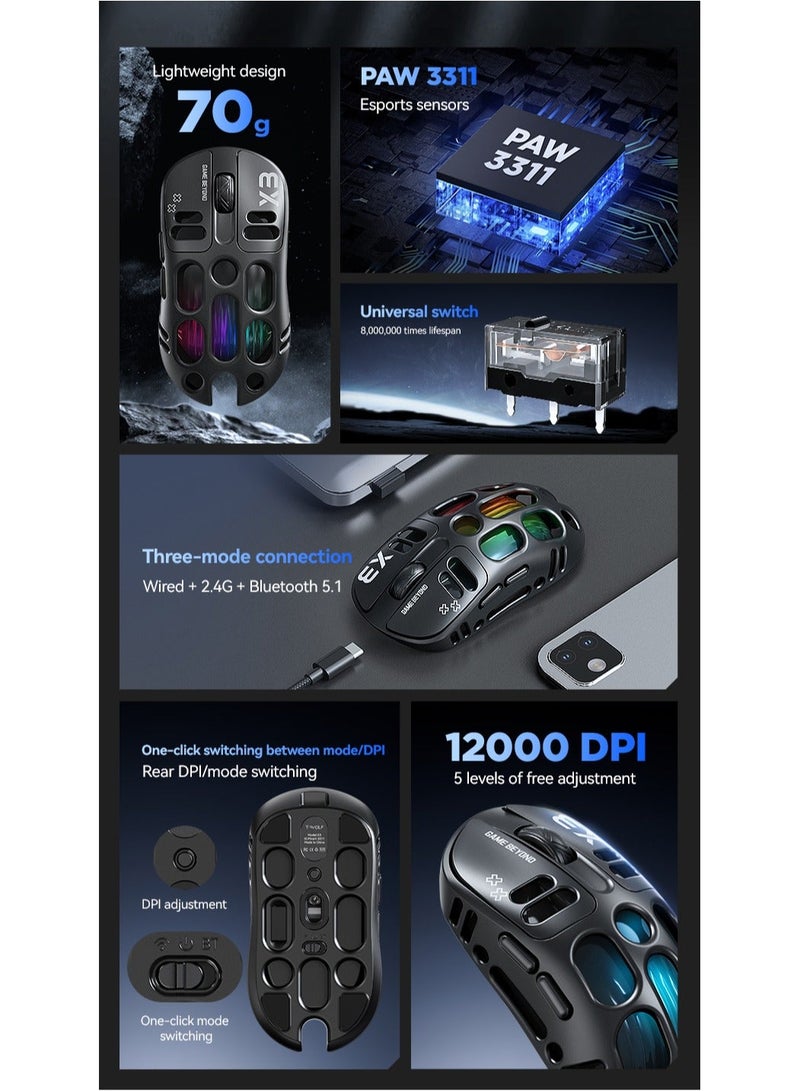 T-WOLF X3 Gaming Mouse Tri-Mode BT Wireless Hollow Design RGB Backlit Mechanical Mouse For Esports - Image 3