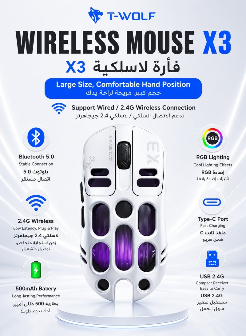 T-WOLF X3 Gaming Mouse Tri-Mode BT Wireless Hollow Design RGB Backlit Mechanical Mouse For Esports - Image 1