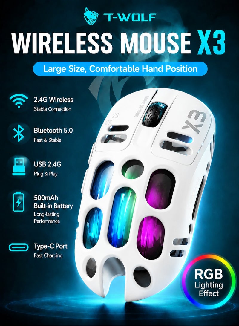 T-WOLF X3 Wireless Gaming Mouse, Tri-Mode Connection, PAW3311 Sensor, 12000 DPI, RGB Backlit, 70g Lightweight Honeycomb Design, Rechargeable Mouse for PC Gaming - Image 1