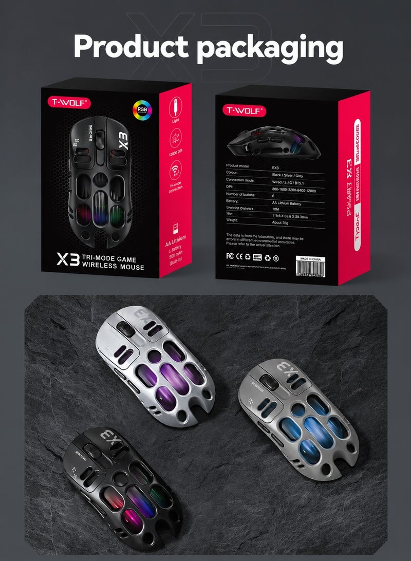 T-WOLF X3 Wireless Gaming Mouse, Tri-Mode Connection, PAW3311 Sensor, 12000 DPI, RGB Backlit, 70g Lightweight Honeycomb Design, Rechargeable Mouse for PC Gaming - Image 5