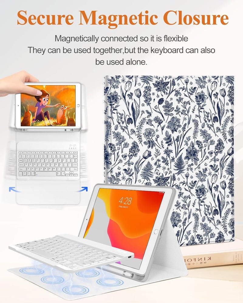 Wazzasoft for iPad 9th/8th/7th/Air 3rd Generation/Pro 10.5 Inch Case Keyboard Pencil Holder Folio Tablet Cover Women Girl Cute Girly Teen Kawaii Blue Floral Unique Design for Apple 10.2 & 10.5 Inch - Image 4