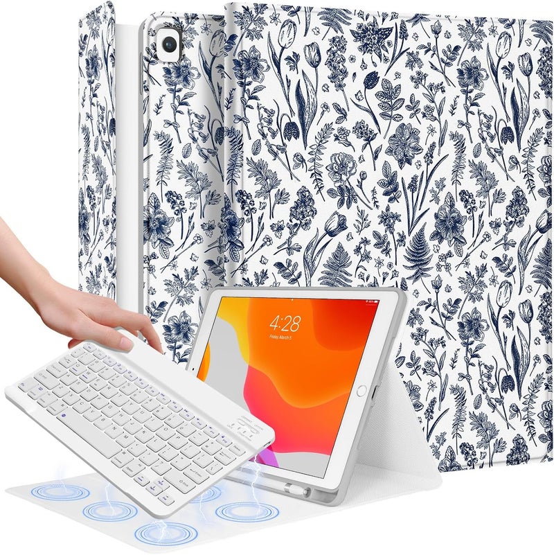 Wazzasoft for iPad 9th/8th/7th/Air 3rd Generation/Pro 10.5 Inch Case Keyboard Pencil Holder Folio Tablet Cover Women Girl Cute Girly Teen Kawaii Blue Floral Unique Design for Apple 10.2 & 10.5 Inch - Image 1