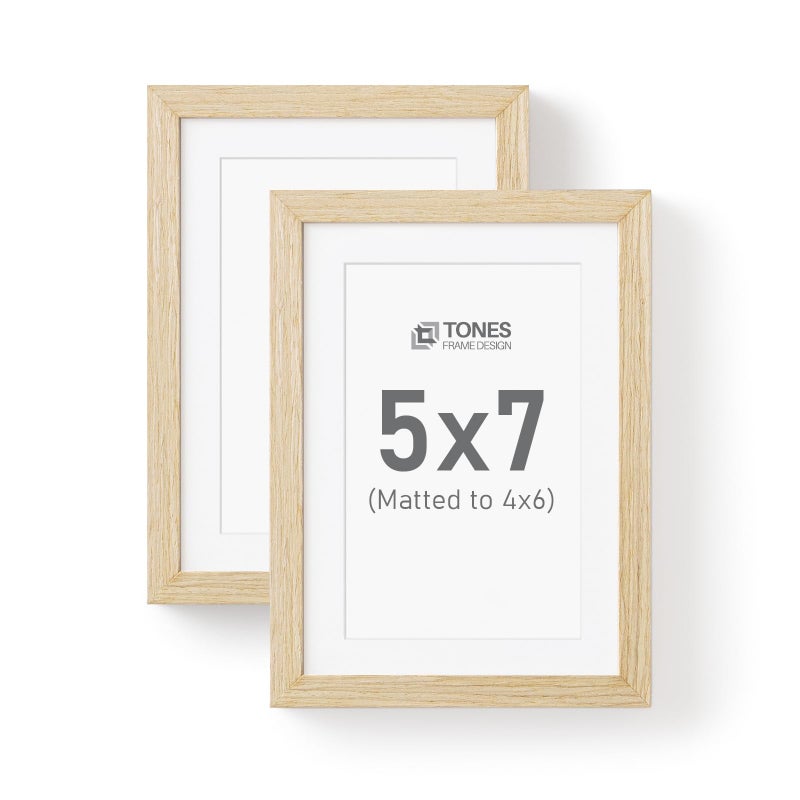 TONES FRAME DESIGN 5x7 Picture Frame  Set of 2  Mat with 4x6 Photo Frames Natural Solid Wood Veneer Finish and Plexiglass Front for Tabletop Gallery Wall Home Decor - Image 1