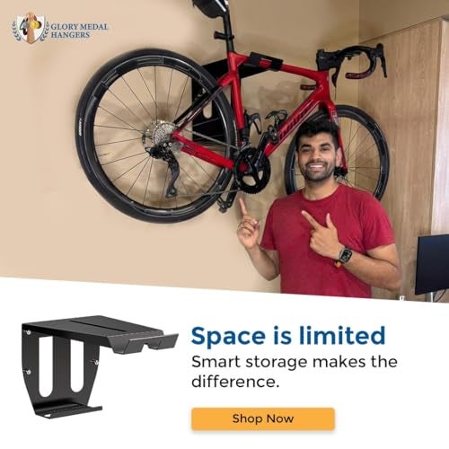 GLORY MEDAL HANGERS Bicycle Wall Mount With Shelf- Cycling Indoor Bike Storage,Wall Rack|Organize Helmet,Sun Glass,Shoe|Hang Heavy Duty Bike|Space Saving For Road,Racing,Mountain,City Or Other Bicycle - Image 2
