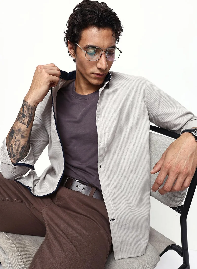 Dennis Lingo Men's Grey 100% Cotton Casual Button Down Regular Fit Shirt