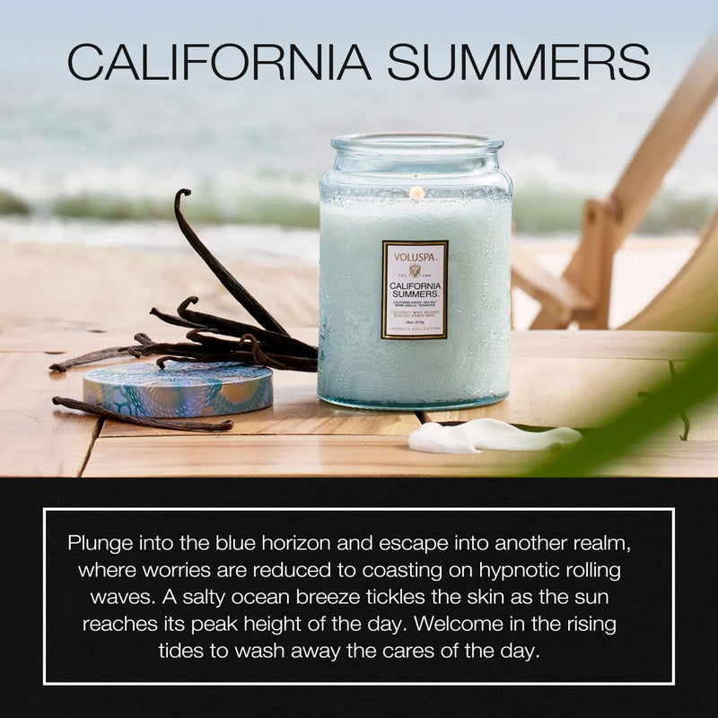 Voluspa California Summers Candle Jar, 18 oz, Coconut Wax Blend, Large Scented Candles for Home, 100 Hour Burn Time, Poured in The USA - Image 2
