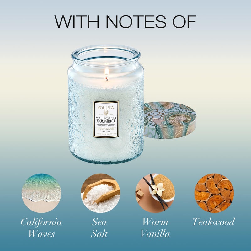 Voluspa California Summers Candle Jar, 18 oz, Coconut Wax Blend, Large Scented Candles for Home, 100 Hour Burn Time, Poured in The USA - Image 3