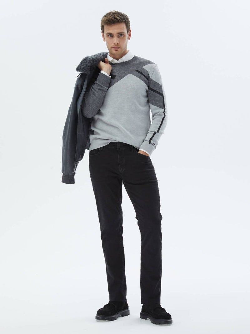 Light Grey Crew Neck Patterned Wool Blend Knitwear Sweater